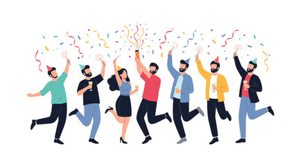 Obraz premium Group of happy young people in party hats celebrating with drinks, sparklers, and confetti at a festive gathering.