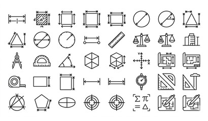 Fototapeta premium Measurement and Geometry Outline Icons Set - Architecture, Engineering and Math Symbols Collection