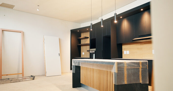 Empty, room and real estate renovation with cover for new home, modern finish and property upgrade. Interior design, remodeling project and sheeting for house improvement, refurbishment and makeover