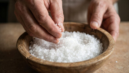 Fototapeta premium Macro photography of hands running through coarse sea salt crystals in rustic wooden bowl