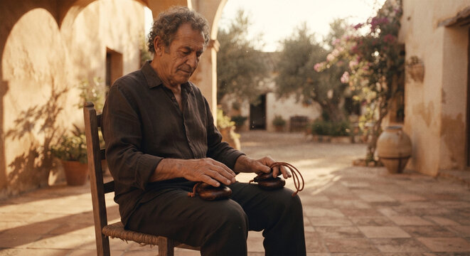  A candid, contemplative photograph of a musician sitting in a quiet, sunlit courtyard after a long rehearsal, resting the castanets gently on their lap, 