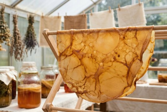 Alternative scoby biomaterial drying on rack in bright botanical greenhouse