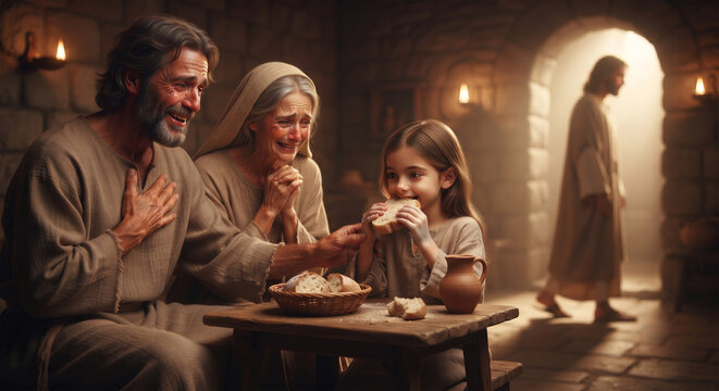 Bible, A heartwarming, wide-angle photograph of the daughter sitting at a small table, eating a piece of bread, while her parents look on with overwhelming joy and relief. 