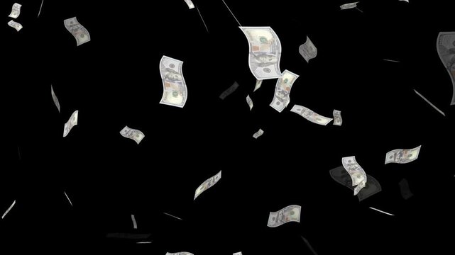 Super slow motion of flying US dollars banknotes on black background. flying dollar bills.Realistic 3D rendered Falling Dollar Bank Note Animation Loop.  Close up money falling from the dark sky. 