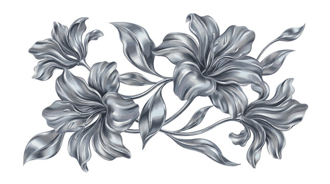 Monochrome silver lily flower bouquet botanical illustration.