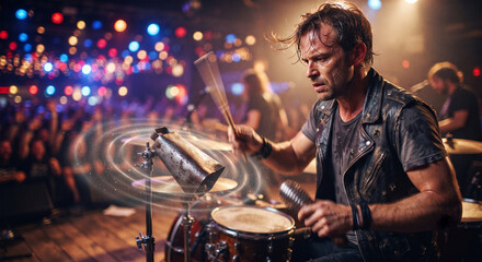 Obraz premium A dynamic action shot of a percussionist performing at a high-energy rock concert, capturing the rapid, blurred motion of the drumstick striking the cowbell, with a soft, bokeh-filled background