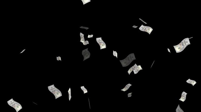 Super slow motion of flying US dollars banknotes on black background. flying dollar bills.Realistic 3D rendered Falling Dollar Bank Note Animation Loop.  Close up money falling from the dark sky. 
