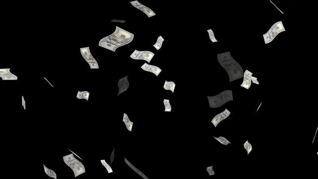 Super slow motion of flying US dollars banknotes on black background. flying dollar bills.Realistic 3D rendered Falling Dollar Bank Note Animation Loop.  Close up money falling from the dark sky. 
