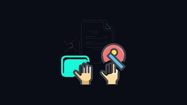 Hands interacting with document and screen, colorful icon design