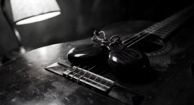 A high-contrast black and white photograph focusing on the geometric harmony of the castanets' concave shape and the intricate knotting of the connecting string, using a shallow depth of field to keep