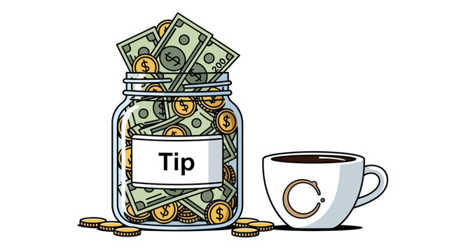 Tip Jar Overflowing with Cash and Coins
