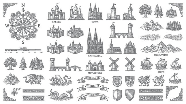 Medieval Fantasy Map Elements: Compass, Castles, Mountains, Ships, Creatures, Heraldry