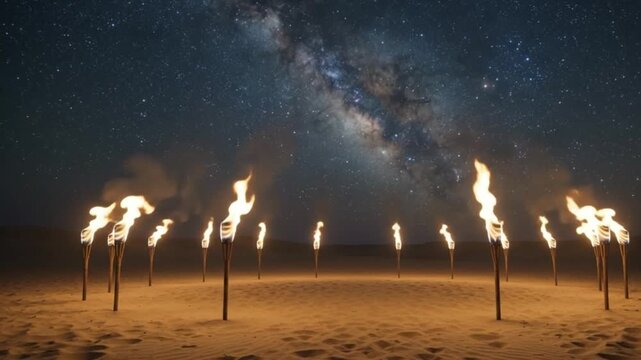 Bedouin camp tends to flickering orange fire torches in the vast dark desert under a brilliant star-filled night sky captured in a slow cinematic pan