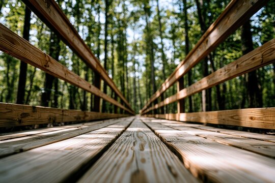Low angle view of a wooden boardwalk path through a lush forest