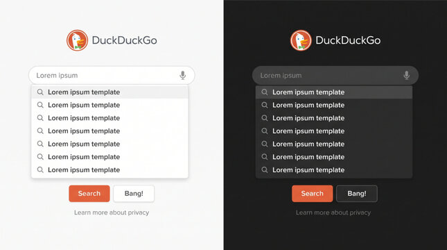 DuckDuckGo search engine homepage interface mockup set. Website search bar with dropdown suggestions, microphone icon, search and bang buttons in light and dark mode. Modern UI design vector editorial