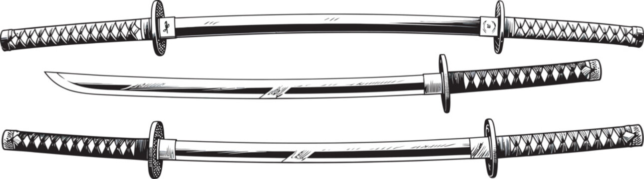 Japanese katana swords in a vintage hand-drawn illustration style, detailed vector artwork featuring traditional samurai weapons with ornamental craftsmanship and historical design elements.