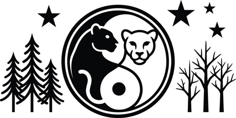Yin yang symbol with bear and panda faces surrounded by trees and stars in a circular vector graphic design © Yasir