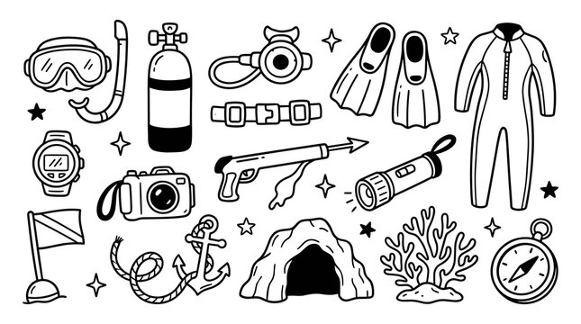 Diving and underwater exploration doodle icons, including scuba gear, speargun, snorkel, fins, mask, regulator, flashlight, dive flag, cave, coral
