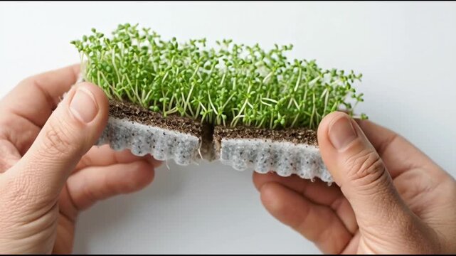 Hands holding microgreens in soil block.