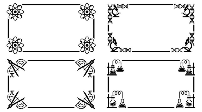 Set of four academic frames with science and math symbols, borders for certificates or documents