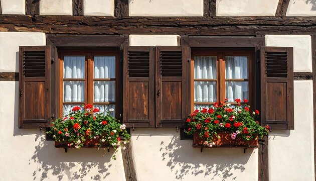 Close-up of a rustic building with two windows adorned with flower boxes filled with red blooms and wooden shutters