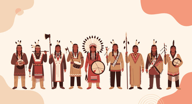 Row of Native American men and women dressed in detailed traditional attire with feathers drums spears and cultural ornaments.