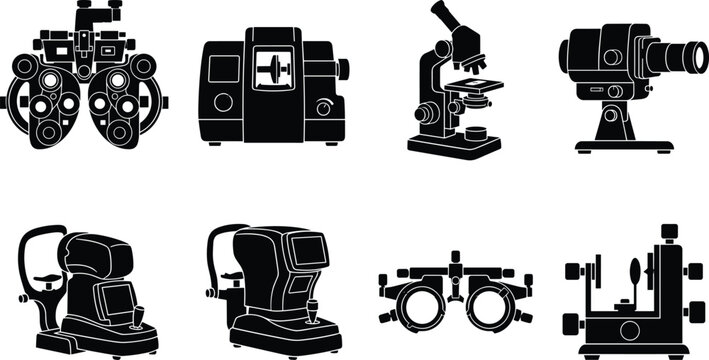 Collection of optometry equipment and medical ophthalmology diagnostic tools black silhouettes set isolated on white background in image_643f99.png