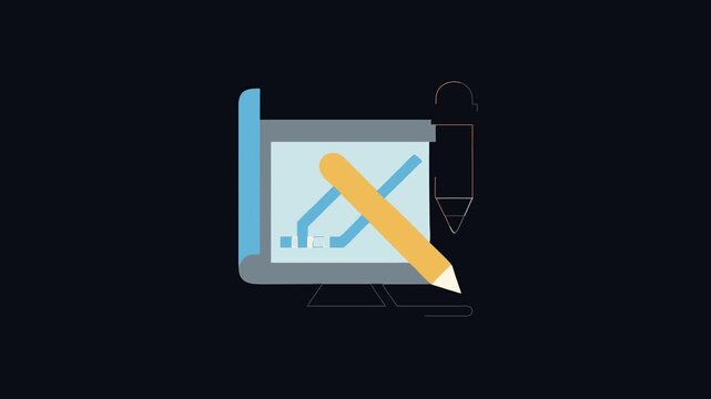 Illustration of Computer Monitor with Blueprint and Two Pencils