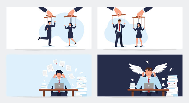 Illustrations of people being controlled like puppets and an office worker struggling with a heavy workload and stress.