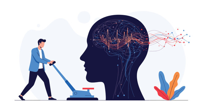 Creative illustration of a man using a floor cleaner to polish a giant human head profile with a complex digital brain.