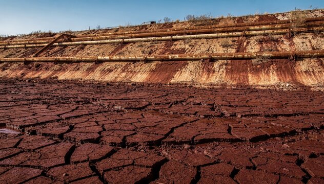 Medium shot showcasing dry cracked crust over red mud tailings storage highlighting weathered containment berms and rusted pipelines under clear skies.