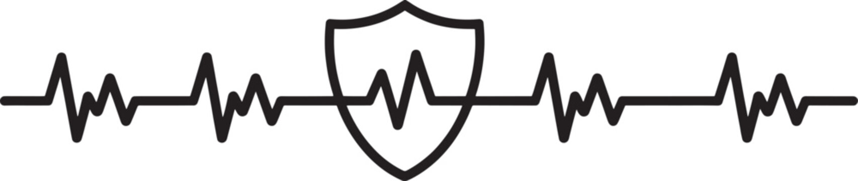 Shield emblem intersected by a continuous EKG heart rhythm wave illustrates a conceptual medical security graphic emphasizing the vital importance of health data protection and cardiac wellness care.