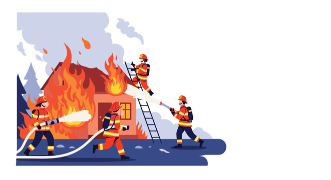 Brave firefighters working together to extinguish a house fire with water hoses while one rescuer climbs a ladder outside.