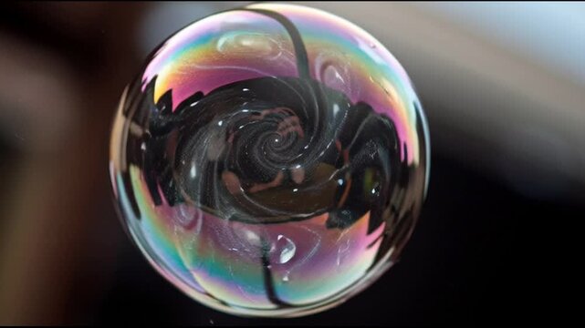 Iridescent glass marble with rainbow colors.