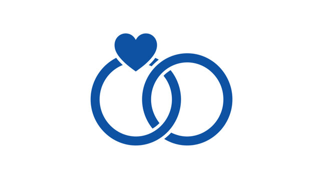 Minimalist blue interlocking wedding ring icon featuring a stylized heart shape on a clean white background