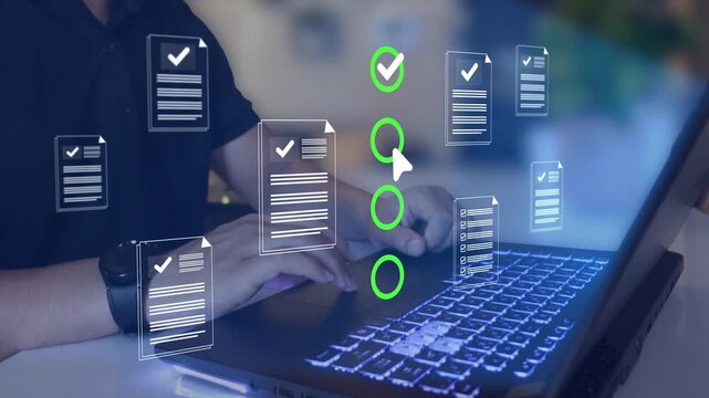 Business performance checklist for form approval concept. Approval and performance tracking, workflow verification, KPI monitoring and business process management.