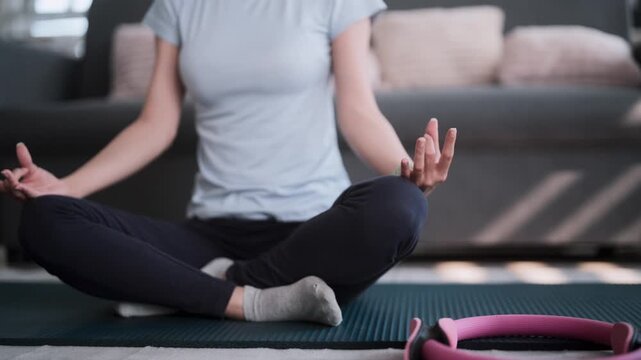 Young Asian woman meditation yoga at home, Health and mental concept