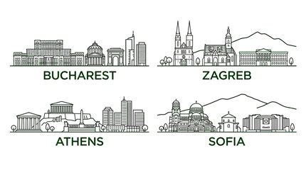 European City Skylines: Bucharest, Zagreb, Athens, Sofia Line Art © Bris
