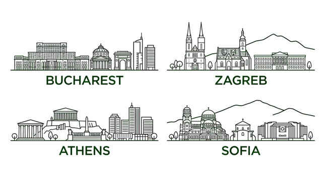 European City Skylines: Bucharest, Zagreb, Athens, Sofia Line Art