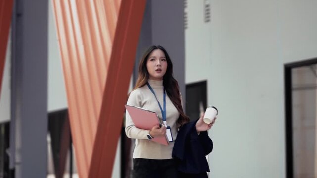 Woman check time to go to workplace, late at work