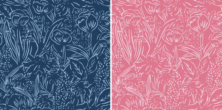 Seamless rustic floral pattern bundle. Hand drawn linocut block print botanical background in navy blue and pink colorways. Vintage engraved flower textile design.