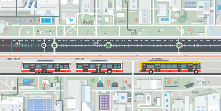 Overhead view of a detailed city map illustrating a bus rapid transit system with multiple buses on dedicated lanes and a timeline above.