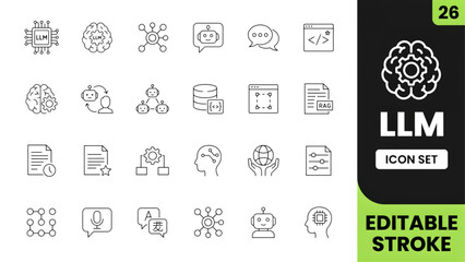 Set of twenty six thin line icons for artificial intelligence and large language model technology concepts Vector © mdlimon