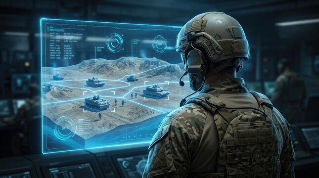 Soldier monitoring tactical military operation on advanced digital display
