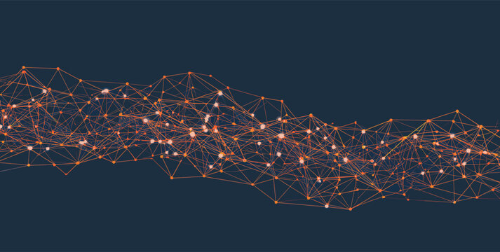 Abstract digital network with glowing orange nodes and interconnected lines on a dark blue background, representing data flow and technology.