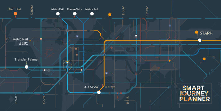 A detailed digital map illustrating a smart journey planner for a metro rail public transport network with various stations and routes.