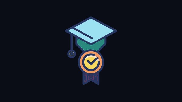 Graduation cap badge icon with check mark motion art