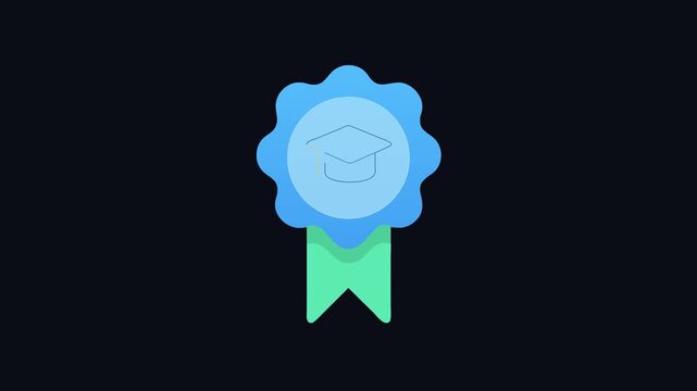 Graduation cap icon on blue badge and ribbon