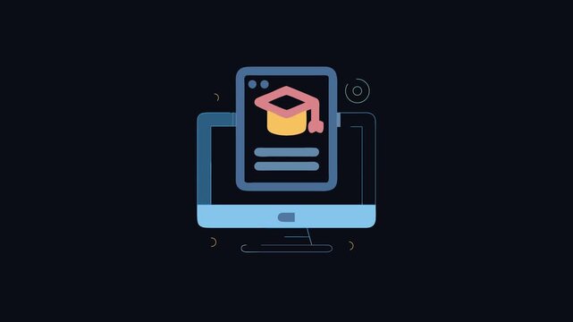 Online education graphic with graduation cap and computer screen