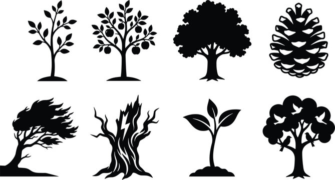 Tree and nature silhouettes set featuring oak sapling apple fruit tree pine cone lightning struck trunk and wind blown branches